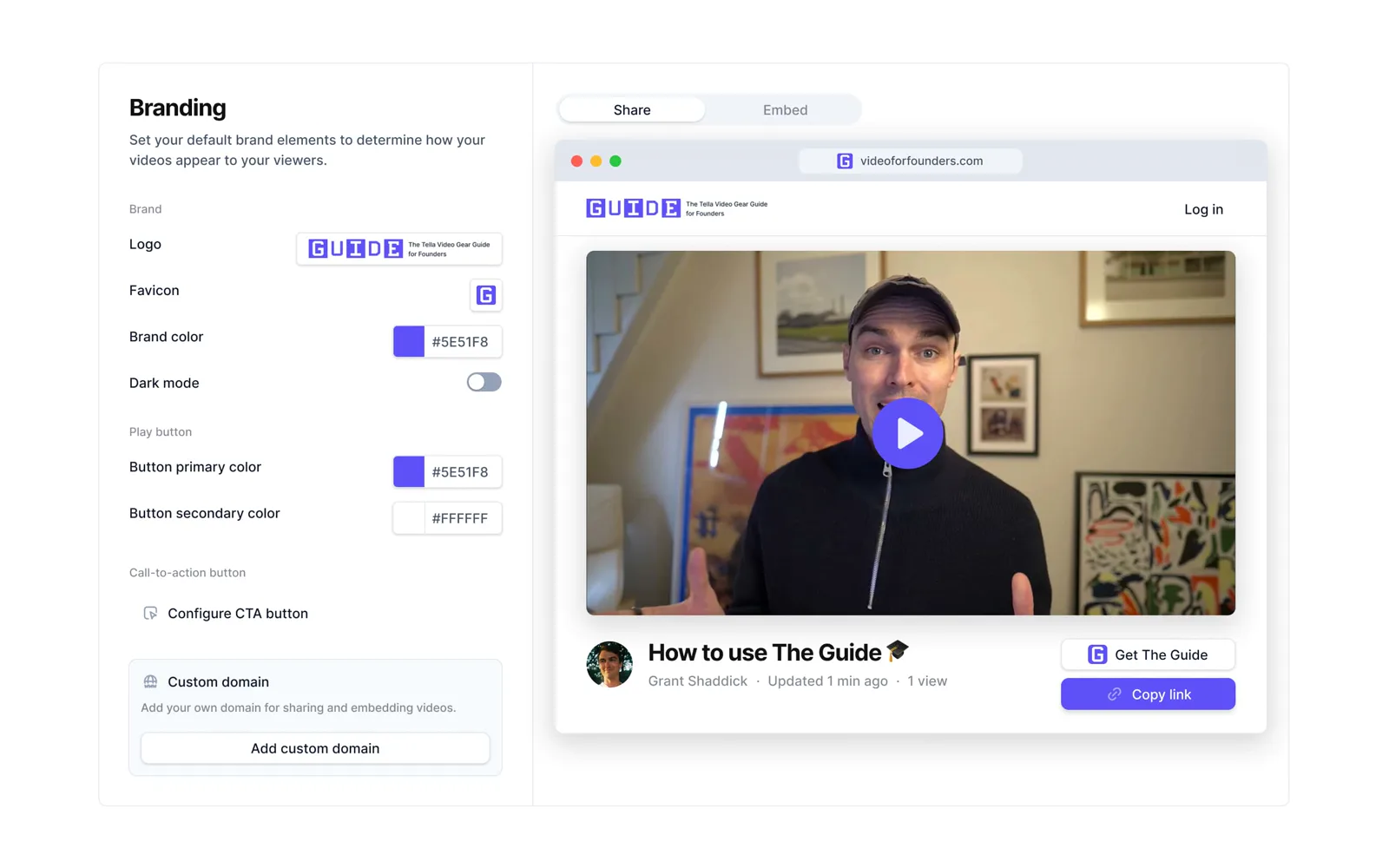 A Tella video page with custom logo and colors