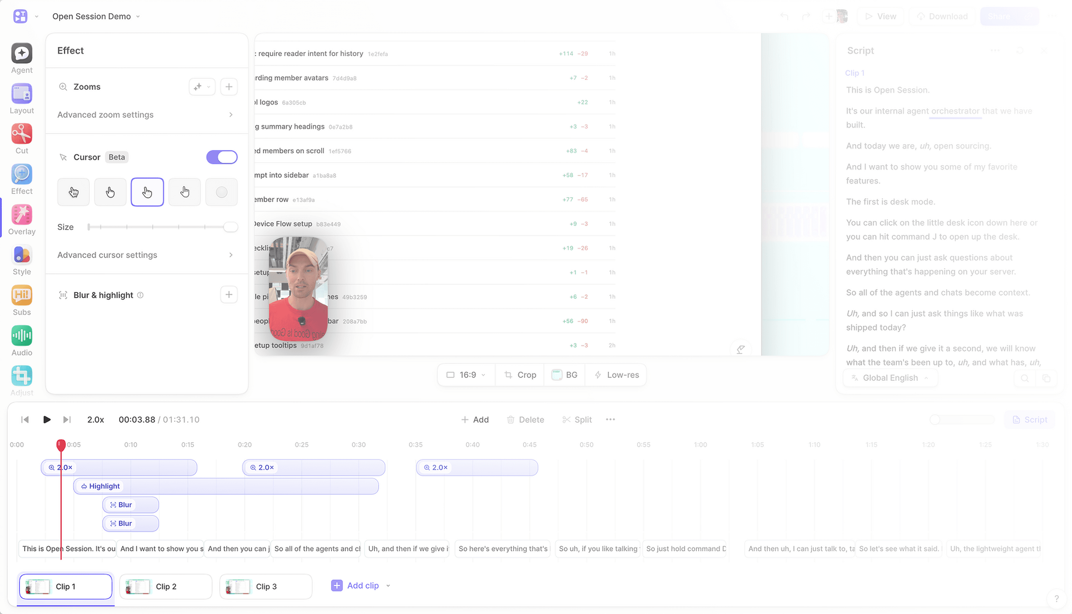 Tella editor with zoom, highlight, and blur effects arranged above the transcript timeline