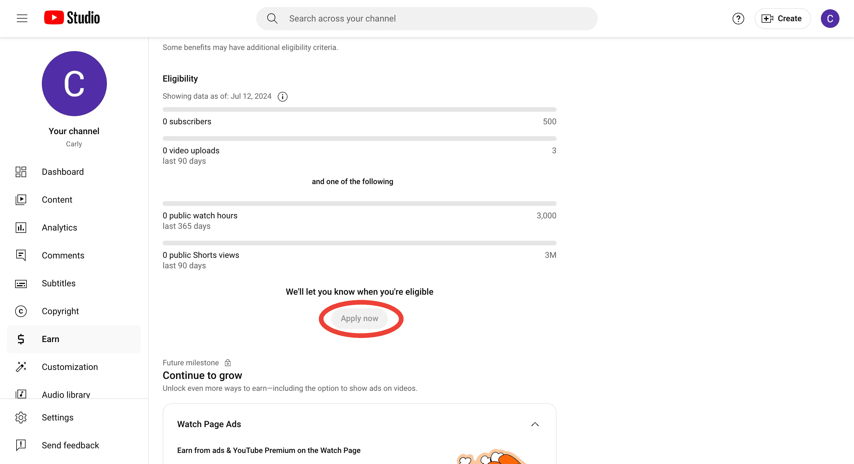 Screenshot of a YouTube Studio dashboard showing channel eligibility criteria for monetization, including subscribers, video uploads, watch hours, and Shorts views.