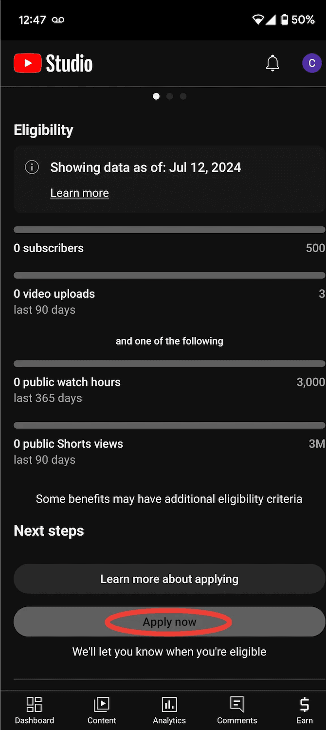 Screenshot of the YouTube Studio app showing eligibility criteria for monetization. 