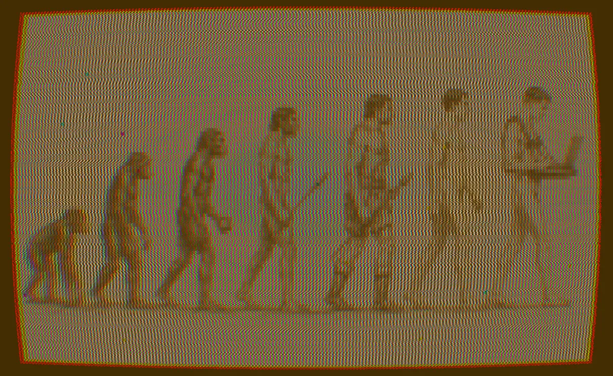 The march-of-progress illustration warped behind CRT scanlines and rainbow moiré — the silhouettes still recognisable but glitched.