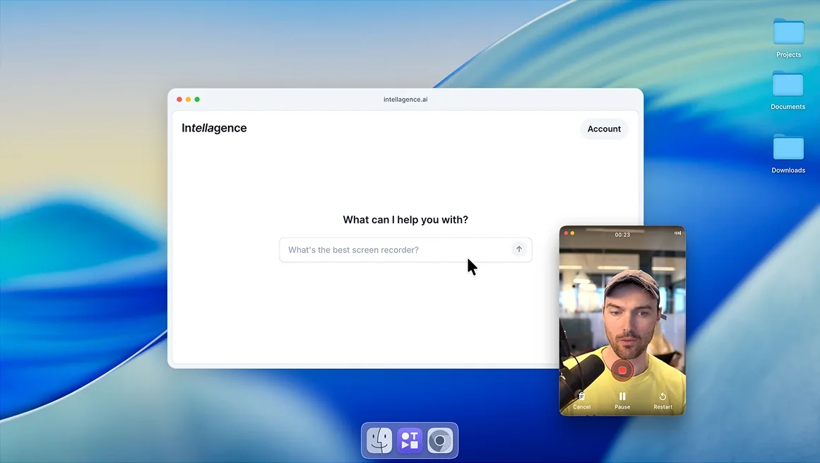 Tella recording in the corner of a Mac desktop: a webcam bubble with record/pause/restart controls, alongside a chat app window asking "What's the best screen recorder?"