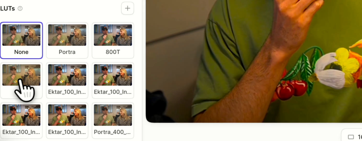 The LUTs grid in Tella's Filters panel with None, Portra, 800T, and uploaded .cube LUTs