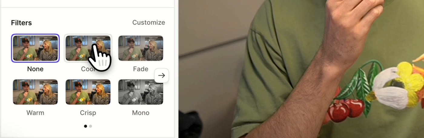 The Filters section of Tella's Style panel with the None, Cool, Fade, Warm, Crisp, and Mono presets