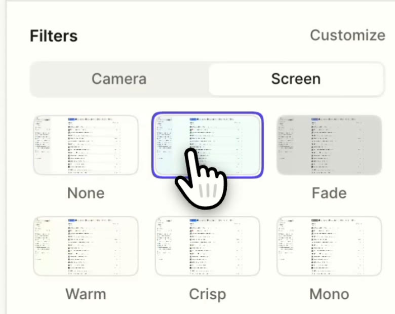 Filters in Tella's Style panel with the Screen tab selected, showing presets for a screen recording