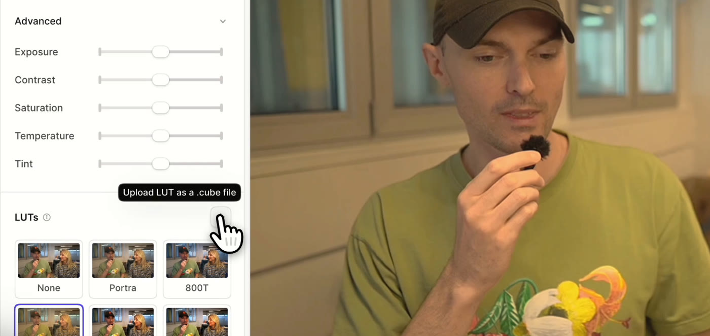 The Upload LUT as a .cube file button in Tella's Filters panel, with the Wes LUT applied to the camera
