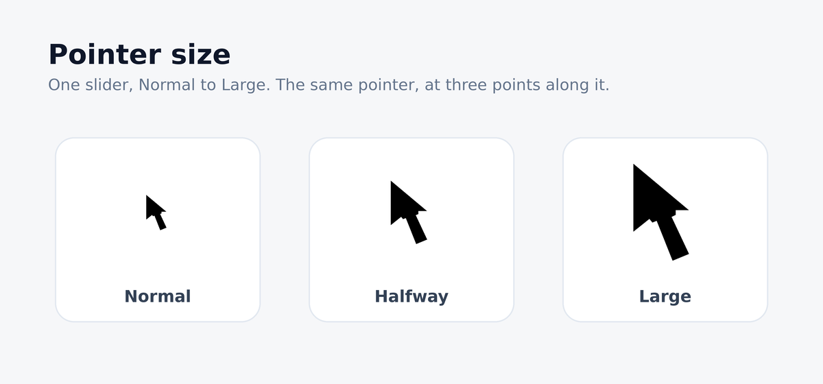 The macOS pointer shown at three sizes — Normal, halfway along the Pointer size slider, and Large